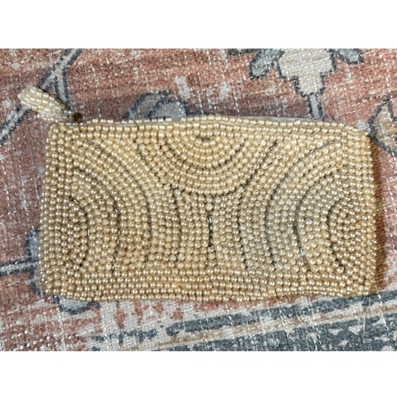 VTG 1950s Hand Beaded Small Clutch Pouch Bag Silk Lining Cream Made in Japan - Picture 1 of 12